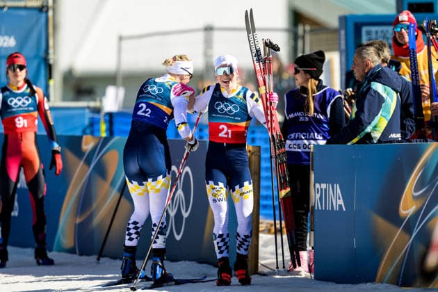 260218 Maja Dahlqvist of Sweden and Jonna Sundling of Sweden celebrate first place in the women s free technique team sprint cross-country skiing final during day 12 of the 2026 Winter Olympics on February 18, 2026 in Val di Fiemme. Photo: Maxim Thore BILDBYRAN kod MT MT0993 skidor cross-country skiing langrenn Olympic Games, Olympische Spiele, Olympia, OS olympics winter olympics os ol olympiska spel vinter-os olympiske leker milano cortina 2026 milan cortina 2026 milano cortina 2026 olympic games milano cortina 2026 winter olympic games milano cortina-os milano cortina-ol vinter-ol 12 bbeng teamsprint jubel sweden sverige *** 260218 Maja Dahlqvist of Sweden and Jonna Sundling of Sweden celebrate first place in the women s free technique team sprint cross country skiing final during day 12 of the 2026 Winter Olympics on February 18, 2026 in Val di Fiemme Photo Maxim Thore BILDBYRAN kod MT MT0993 skidor cross country skiing langrenn olympic games olympics winter olympics os ol olympiska spel vinter os olympiske leker milano cortina 2026 milan cortina 2026 milano cortina 2026 olympic games milano cortina 2026 winter olympic games milano cortina os milano cortina ol vinter ol 12 bbeng teamsprint jubel sweden sverige  Copyright: MAXIMxTHORE BB260218MT056