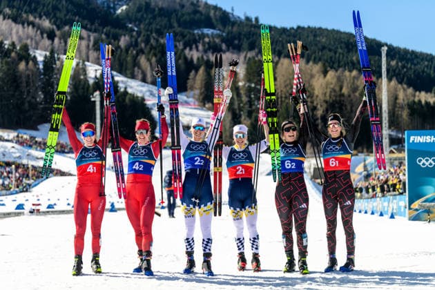 260218 Nadja Kälin and Nadine Faehndrich of Switzerland, Maja Dahlqvist and Jonna Sundling of Sweden and Coletta Rydzek and Laura Gimmler of Germany celebrate after competing in the women s free technique team sprint cross-country skiing final during day 12 of the 2026 Winter Olympics on February 18, 2026 in Val di Fiemme. Photo: Jon Olav Nesvold BILDBYRAN COP 217 MT0993 skidor cross-country skiing langrenn Olympic Games, Olympische Spiele, Olympia, OS olympics winter olympics os ol olympiska spel vinter-os olympiske leker milano cortina 2026 milan cortina 2026 milano cortina 2026 olympic games milano cortina 2026 winter olympic games milano cortina-os milano cortina-ol vinter-ol 12 bbeng teamsprint jubel sweden sverige *** 260218 Nadja Kälin and Nadine Faehndrich of Switzerland, Maja Dahlqvist and Jonna Sundling of Sweden and Coletta Rydzek and Laura Gimmler of Germany celebrate after competing in the women s free technique team sprint cross country skiing final during day 12 of the 2026 Winter Olympics on February 18, 2026 in Val di Fiemme Photo Jon Olav Nesvold BILDBYRAN COP 217 MT0993 skidor cross country skiing langrenn olympic games olympics winter olympics os ol olympiska spel vinter os olympiske leker milano cortina 2026 milan cortina 2026 milano cortina 2026 olympic games milano cortina 2026 winter olympic games milano cortina os milano cortina ol vinter ol 12 bbeng teamsprint jubel sweden sverige  Copyright: JONxOLAVxNESVOLD BB260218JE044