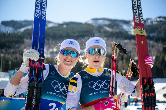 260218 Maja Dahlqvist of Sweden and Jonna Sundling of Sweden celebrate first place in the women s free technique team sprint cross-country skiing final during day 12 of the 2026 Winter Olympics on February 18, 2026 in Val di Fiemme. Photo: Maxim Thore BILDBYRAN kod MT MT0993 skidor cross-country skiing langrenn Olympic Games, Olympische Spiele, Olympia, OS olympics winter olympics os ol olympiska spel vinter-os olympiske leker milano cortina 2026 milan cortina 2026 milano cortina 2026 olympic games milano cortina 2026 winter olympic games milano cortina-os milano cortina-ol vinter-ol 12 bbeng teamsprint jubel sweden sverige *** 260218 Maja Dahlqvist of Sweden and Jonna Sundling of Sweden celebrate first place in the women s free technique team sprint cross country skiing final during day 12 of the 2026 Winter Olympics on February 18, 2026 in Val di Fiemme Photo Maxim Thore BILDBYRAN kod MT MT0993 skidor cross country skiing langrenn olympic games olympics winter olympics os ol olympiska spel vinter os olympiske leker milano cortina 2026 milan cortina 2026 milano cortina 2026 olympic games milano cortina 2026 winter olympic games milano cortina os milano cortina ol vinter ol 12 bbeng teamsprint jubel sweden sverige  Copyright: MAXIMxTHORE BB260218MT060