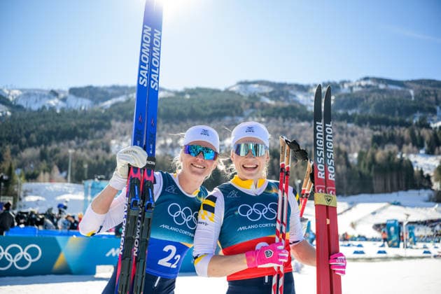 260218 Maja Dahlqvist of Sweden and Jonna Sundling of Sweden celebrate first place in the women s free technique team sprint cross-country skiing final during day 12 of the 2026 Winter Olympics on February 18, 2026 in Val di Fiemme. Photo: Maxim Thore BILDBYRAN kod MT MT0993 skidor cross-country skiing langrenn Olympic Games, Olympische Spiele, Olympia, OS olympics winter olympics os ol olympiska spel vinter-os olympiske leker milano cortina 2026 milan cortina 2026 milano cortina 2026 olympic games milano cortina 2026 winter olympic games milano cortina-os milano cortina-ol vinter-ol 12 bbeng teamsprint jubel sweden sverige *** 260218 Maja Dahlqvist of Sweden and Jonna Sundling of Sweden celebrate first place in the women s free technique team sprint cross country skiing final during day 12 of the 2026 Winter Olympics on February 18, 2026 in Val di Fiemme Photo Maxim Thore BILDBYRAN kod MT MT0993 skidor cross country skiing langrenn olympic games olympics winter olympics os ol olympiska spel vinter os olympiske leker milano cortina 2026 milan cortina 2026 milano cortina 2026 olympic games milano cortina 2026 winter olympic games milano cortina os milano cortina ol vinter ol 12 bbeng teamsprint jubel sweden sverige  Copyright: MAXIMxTHORE BB260218MT061