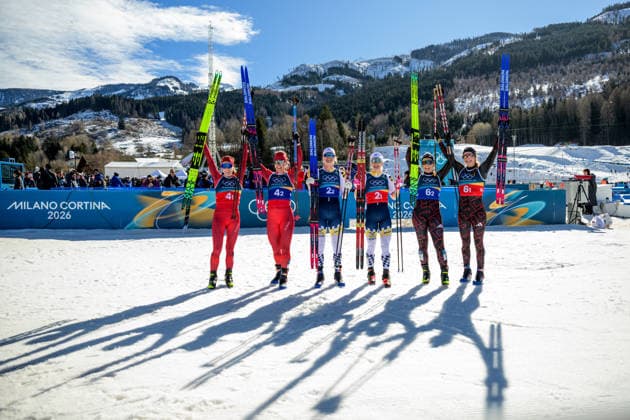 260218 Nadja Kälin and Nadine Faehndrich of Switzerland, Maja Dahlqvist and Jonna Sundling of Sweden and Coletta Rydzek and Laura Gimmler of Germany celebrate after competing in the women s free technique team sprint cross-country skiing final during day 12 of the 2026 Winter Olympics on February 18, 2026 in Val di Fiemme. Photo: Maxim Thore BILDBYRAN kod MT MT0993 skidor cross-country skiing langrenn Olympic Games, Olympische Spiele, Olympia, OS olympics winter olympics os ol olympiska spel vinter-os olympiske leker milano cortina 2026 milan cortina 2026 milano cortina 2026 olympic games milano cortina 2026 winter olympic games milano cortina-os milano cortina-ol vinter-ol 12 bbeng teamsprint *** 260218 Nadja Kälin and Nadine Faehndrich of Switzerland, Maja Dahlqvist and Jonna Sundling of Sweden and Coletta Rydzek and Laura Gimmler of Germany celebrate after competing in the women s free technique team sprint cross country skiing final during day 12 of the 2026 Winter Olympics on February 18, 2026 in Val di Fiemme Photo Maxim Thore BILDBYRAN kod MT MT0993 skidor cross country skiing langrenn olympic games olympics winter olympics os ol olympiska spel vinter os olympiske leker milano cortina 2026 milan cortina 2026 milano cortina 2026 olympic games milano cortina 2026 winter olympic games milano cortina os milano cortina ol vinter ol 12 bbeng teamsprint  Copyright: MAXIMxTHORE BB260218MT062