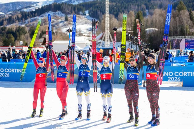 Winter Olympics in Milan Cortina 2026 Val di Fiemme, Italy 20260218. Nadja Kälin and Nadine Fähndrich from Switzerland, Maja Dahlqvist and Jonna Sundling from Sweden and Coletta Rydzek and Laura Gimmler from Germany during the cross-country team sprint on Lago di Tesero during the Winter Olympics in Milano Cortina 2026. Photo: Terje Pedersen NTB Val di Fiemme Italy EDITORIAL USE ONLY. RESTRICTED USE FOR BETTING COMPANIES Ref:_SPOCzadJtMSldU.jpg *** Winter Olympics in Milan Cortina 2026 Val di Fiemme, Italy 20260218 Nadja Kälin and Nadine Fähndrich from Switzerland, Maja Dahlqvist and Jonna Sundling from Sweden and Coletta Rydzek and Laura Gimmler from Germany during the cross country team sprint on Lago di Tesero during the Winter Olympics in Milano Cortina 2026 Photo Terje Pedersen NTB Val di Fiemme Italy EDITORIAL USE ONLY RESTRICTED USE FOR BETTING COMPANIES  Copyright: xTerjexPedersenx xNTBx