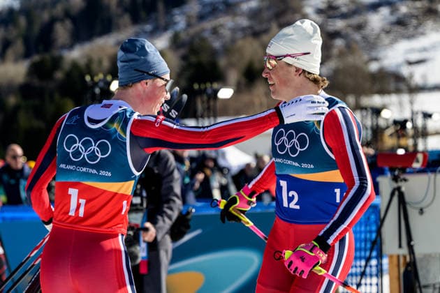 260218 Einar Hedegart of Norway and Johannes Hosflot Klaebo of Norway celebrate first place in the men s free technique team sprint cross-country skiing final during day 12 of the 2026 Winter Olympics on February 18, 2026 in Val di Fiemme. Photo: Maxim Thore BILDBYRAN kod MT MT0994 skidor cross-country skiing langrenn Olympic Games, Olympische Spiele, Olympia, OS olympics winter olympics os ol olympiska spel vinter-os olympiske leker milano cortina 2026 milan cortina 2026 milano cortina 2026 olympic games milano cortina 2026 winter olympic games milano cortina-os milano cortina-ol vinter-ol 12 bbeng teamsprint norge norway jubel *** 260218 Einar Hedegart of Norway and Johannes Hosflot Klaebo of Norway celebrate first place in the men s free technique team sprint cross country skiing final during day 12 of the 2026 Winter Olympics on February 18, 2026 in Val di Fiemme Photo Maxim Thore BILDBYRAN kod MT MT0994 skidor cross country skiing langrenn olympic games olympics winter olympics os ol olympiska spel vinter os olympiske leker milano cortina 2026 milan cortina 2026 milano cortina 2026 olympic games milano cortina 2026 winter olympic games milano cortina os milano cortina ol vinter ol 12 bbeng teamsprint norge norway jubel  Copyright: MAXIMxTHORE BB260218MT072