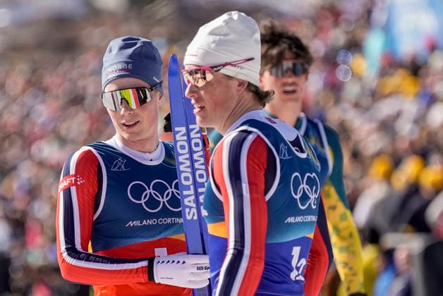 Winter Olympics in Milan Cortina 2026 Val di Fiemme, Italy 20260218. Johannes Hoesflot Klaebo and Einar Hedegart from Norway cheer during the cross-country team sprint on Lago di Tesero during the Winter Olympics in Milano Cortina 2026. Photo: Terje Pedersen NTB Val di Fiemme Italy EDITORIAL USE ONLY. RESTRICTED USE FOR BETTING COMPANIES Ref:_SPOEmcLvsB009s.jpg *** Winter Olympics in Milan Cortina 2026 Val di Fiemme, Italy 20260218 Johannes Hoesflot Klaebo and Einar Hedegart from Norway cheer during the cross country team sprint on Lago di Tesero during the Winter Olympics in Milano Cortina 2026 Photo Terje Pedersen NTB Val di Fiemme Italy EDITORIAL USE ONLY RESTRICTED USE FOR BETTING COMPANIES  Copyright: xTerjexPedersenx xNTBx