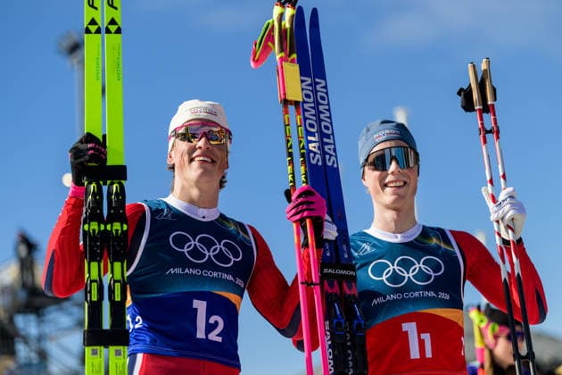260218 Johannes Hosflot Klaebo of Norway and Einar Hedegart of Norway celebrate first place in the men s free technique team sprint cross-country skiing final during day 12 of the 2026 Winter Olympics on February 18, 2026 in Val di Fiemme. Photo: Jon Olav Nesvold BILDBYRAN COP 217 MT0994 skidor cross-country skiing langrenn Olympic Games, Olympische Spiele, Olympia, OS olympics winter olympics os ol olympiska spel vinter-os olympiske leker milano cortina 2026 milan cortina 2026 milano cortina 2026 olympic games milano cortina 2026 winter olympic games milano cortina-os milano cortina-ol vinter-ol 12 bbeng teamsprint jubel norge norway *** 260218 Johannes Hosflot Klaebo of Norway and Einar Hedegart of Norway celebrate first place in the men s free technique team sprint cross country skiing final during day 12 of the 2026 Winter Olympics on February 18, 2026 in Val di Fiemme Photo Jon Olav Nesvold BILDBYRAN COP 217 MT0994 skidor cross country skiing langrenn olympic games olympics winter olympics os ol olympiska spel vinter os olympiske leker milano cortina 2026 milan cortina 2026 milano cortina 2026 olympic games milano cortina 2026 winter olympic games milano cortina os milano cortina ol vinter ol 12 bbeng teamsprint jubel norge norway  Copyright: JONxOLAVxNESVOLD BB260218JE069