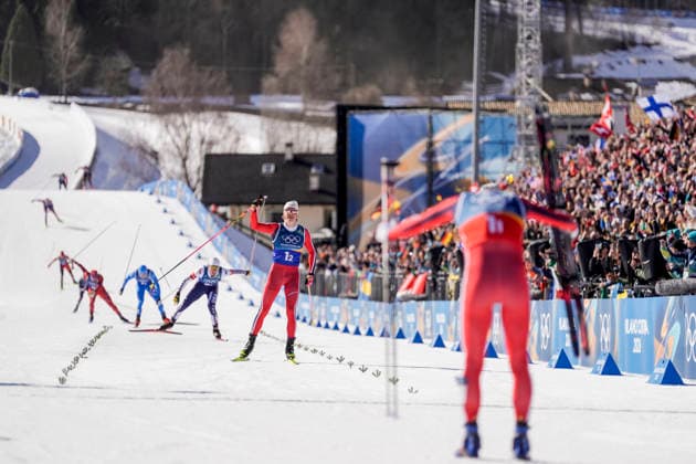 Winter Olympics in Milan Cortina 2026 Val di Fiemme, Italy 20260218. Johannes Hosflot Klaebo and Einar Hedegart from Norway cheer during the cross-country team sprint on Lago di Tesero during the Winter Olympics in Milano Cortina 2026. Photo: Terje Pedersen NTB Val di Fiemme Italy EDITORIAL USE ONLY. RESTRICTED USE FOR BETTING COMPANIES Ref:_SPOq5_eNZQkW3o.jpg *** Winter Olympics in Milan Cortina 2026 Val di Fiemme, Italy 20260218 Johannes Hosflot Klaebo and Einar Hedegart from Norway cheer during the cross country team sprint on Lago di Tesero during the Winter Olympics in Milano Cortina 2026 Photo Terje Pedersen NTB Val di Fiemme Italy EDITORIAL USE ONLY RESTRICTED USE FOR BETTING COMPANIES  Copyright: xTerjexPedersenx xNTBx