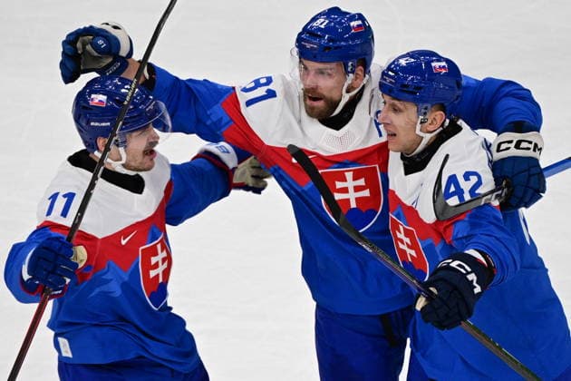 XXV Winter Olympic Games, Olympische Spiele, Olympia, OS in Milan, Italy, on February 18, 2026. Men s Ice hockey, Eishockey preliminary round playoffs, Slovakia - Germany. (L-R) Milos Kelemen, Erik Cernak and Martin Fehervary of Slovakia celebrate a goal. (CTKxPhoto MichalxKamaryt) CTKPhotoP2026021804245  CTKPhotoP2026021804245