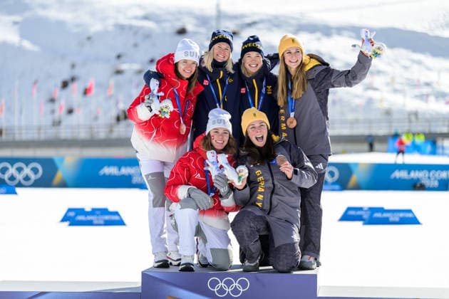 260218 Nadja Kälin and Nadine Faehndrich of Switzerland, Jonna Sundling and Maja Dahlqvist of Sweden and Laura Gimmler and Coletta Rydzek of Germany celebrate on the podium after the women s free technique team sprint cross-country skiing final during day 12 of the 2026 Winter Olympics on February 18, 2026 in Val di Fiemme. Photo: Jon Olav Nesvold BILDBYRAN COP 217 MT0993 skidor cross-country skiing langrenn Olympic Games, Olympische Spiele, Olympia, OS olympics winter olympics os ol olympiska spel vinter-os olympiske leker milano cortina 2026 milan cortina 2026 milano cortina 2026 olympic games milano cortina 2026 winter olympic games milano cortina-os milano cortina-ol vinter-ol 12 bbeng teamsprint jubel sweden sverige *** 260218 Nadja Kälin and Nadine Faehndrich of Switzerland, Jonna Sundling and Maja Dahlqvist of Sweden and Laura Gimmler and Coletta Rydzek of Germany celebrate on the podium after the women s free technique team sprint cross country skiing final during day 12 of the 2026 Winter Olympics on February 18, 2026 in Val di Fiemme Photo Jon Olav Nesvold BILDBYRAN COP 217 MT0993 skidor cross country skiing langrenn olympic games olympics winter olympics os ol olympiska spel vinter os olympiske leker milano cortina 2026 milan cortina 2026 milano cortina 2026 olympic games milano cortina 2026 winter olympic games milano cortina os milano cortina ol vinter ol 12 bbeng teamsprint jubel sweden sverige  Copyright: JONxOLAVxNESVOLD BB260218JE079