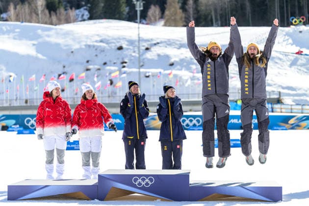 260218 Laura Gimmler of Germany and Coletta Rydzek of Germany celebrate third place in the women s free technique team sprint cross-country skiing final during day 12 of the 2026 Winter Olympics on February 18, 2026 in Val di Fiemme. Photo: Jon Olav Nesvold BILDBYRAN COP 217 MT0993 skidor cross-country skiing langrenn Olympic Games, Olympische Spiele, Olympia, OS olympics winter olympics os ol olympiska spel vinter-os olympiske leker milano cortina 2026 milan cortina 2026 milano cortina 2026 olympic games milano cortina 2026 winter olympic games milano cortina-os milano cortina-ol vinter-ol 12 bbeng teamsprint jubel *** 260218 Laura Gimmler of Germany and Coletta Rydzek of Germany celebrate third place in the women s free technique team sprint cross country skiing final during day 12 of the 2026 Winter Olympics on February 18, 2026 in Val di Fiemme Photo Jon Olav Nesvold BILDBYRAN COP 217 MT0993 skiing cross country skiing cross country olympic games olympics winter olympics os ol olympic games winter os olympic games milano cortina 2026 milan cortina 2026 milano cortina 2026 olympic games milano cortina 2026 winter olympic games milano cortina os milano cortina ol winter ol 12 bbeng team sprint jubilation  Copyright: JONxOLAVxNESVOLD BB260218JE081