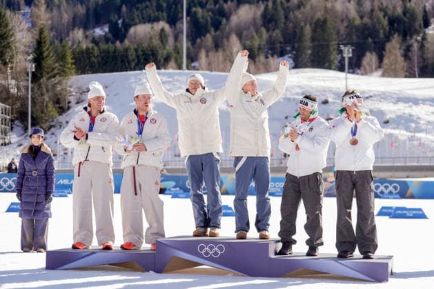 Winter Olympics in Milan Cortina 2026 Val di Fiemme, Italy 20260218. Ben Ogden and Gus Schumacher from the USA, Johannes Hosflot Klaebo and Einar Hedegart from Norway, Federico Pellegrino and Elia Barp from Italy on the podium after the cross-country team sprint at Lago di Tesero during the Winter Olympics in Milano Cortina 2026. Photo: Terje Pedersen NTB Val di Fiemme Italy EDITORIAL USE ONLY. RESTRICTED USE FOR BETTING COMPANIES Ref:_SPOfKGOuOplBFw.jpg *** Winter Olympics in Milan Cortina 2026 Val di Fiemme, Italy 20260218 Ben Ogden and Gus Schumacher from the USA, Johannes Hosflot Klaebo and Einar Hedegart from Norway, Federico Pellegrino and Elia Barp from Italy on the podium after the cross country team sprint at Lago di Tesero during the Winter Olympics in Milano Cortina 2026 Photo Terje Pedersen NTB Val di Fiemme Italy EDITORIAL USE ONLY RESTRICTED USE FOR BETTING COMPANIES  Copyright: xTerjexPedersenx xNTBx