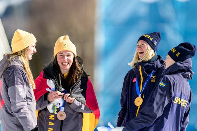 260218 Laura Gimmler of Germany, Coletta Rydzek of Germany, Maja Dahlqvist of Sweden and Jonna Sundling of Sweden after the men s free technique team sprint cross-country skiing final during day 12 of the 2026 Winter Olympics on February 18, 2026 in Val di Fiemme. Photo: Maxim Thore BILDBYRAN kod MT MT0994 skidor cross-country skiing langrenn Olympic Games, Olympische Spiele, Olympia, OS olympics winter olympics os ol olympiska spel vinter-os olympiske leker milano cortina 2026 milan cortina 2026 milano cortina 2026 olympic games milano cortina 2026 winter olympic games milano cortina-os milano cortina-ol vinter-ol 12 bbeng teamsprint *** 260218 Laura Gimmler of Germany, Coletta Rydzek of Germany, Maja Dahlqvist of Sweden and Jonna Sundling of Sweden after the men s free technique team sprint cross country skiing final during day 12 of the 2026 Winter Olympics on February 18, 2026 in Val di Fiemme Photo Maxim Thore BILDBYRAN kod MT MT0994 skidor cross country skiing langrenn olympic games olympics winter olympics os ol olympiska spel vinter os olympiske leker milano cortina 2026 milan cortina 2026 milano cortina 2026 olympic games milano cortina 2026 winter olympic games milano cortina os milano cortina ol vinter ol 12 bbeng teamsprint  Copyright: MAXIMxTHORE BB260218MT098
