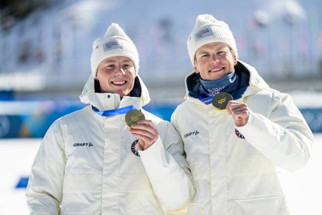 260218 Johannes Hosflot Klaebo of Norway and Einar Hedegart of Norway celebrate first place in the men s free technique team sprint cross-country skiing final during day 12 of the 2026 Winter Olympics on February 18, 2026 in Val di Fiemme. Photo: Jon Olav Nesvold BILDBYRAN COP 217 MT0994 skidor cross-country skiing langrenn Olympic Games, Olympische Spiele, Olympia, OS olympics winter olympics os ol olympiska spel vinter-os olympiske leker milano cortina 2026 milan cortina 2026 milano cortina 2026 olympic games milano cortina 2026 winter olympic games milano cortina-os milano cortina-ol vinter-ol 12 bbeng teamsprint norge norway jubel *** 260218 Johannes Hosflot Klaebo of Norway and Einar Hedegart of Norway celebrate first place in the men s free technique team sprint cross country skiing final during day 12 of the 2026 Winter Olympics on February 18, 2026 in Val di Fiemme Photo Jon Olav Nesvold BILDBYRAN COP 217 MT0994 skidor cross country skiing langrenn olympic games olympics winter olympics os ol olympiska spel vinter os olympiske leker milano cortina 2026 milan cortina 2026 milano cortina 2026 olympic games milano cortina 2026 winter olympic games milano cortina os milano cortina ol vinter ol 12 bbeng teamsprint norge norway jubel  Copyright: JONxOLAVxNESVOLD BB260218JE096
