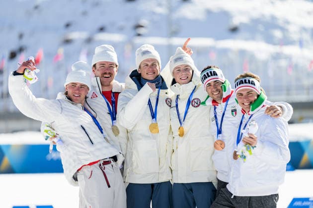260218 Ben Ogden and Gus Schumacher of USA, Johannes Hosflot Klaebo and Einar Hedegart of Norway and Elia Barp and Federico Pellegrino of Italy celebrate after the men s free technique team sprint cross-country skiing final during day 12 of the 2026 Winter Olympics on February 18, 2026 in Val di Fiemme. Photo: Jon Olav Nesvold BILDBYRAN COP 217 MT0994 skidor cross-country skiing langrenn Olympic Games, Olympische Spiele, Olympia, OS olympics winter olympics os ol olympiska spel vinter-os olympiske leker milano cortina 2026 milan cortina 2026 milano cortina 2026 olympic games milano cortina 2026 winter olympic games milano cortina-os milano cortina-ol vinter-ol 12 bbeng teamsprint norge norway jubel *** 260218 Ben Ogden and Gus Schumacher of USA, Johannes Hosflot Klaebo and Einar Hedegart of Norway and Elia Barp and Federico Pellegrino of Italy celebrate after the men s free technique team sprint cross country skiing final during day 12 of the 2026 Winter Olympics on February 18, 2026 in Val di Fiemme Photo Jon Olav Nesvold BILDBYRAN COP 217 MT0994 skiing cross country skiing cross country olympic games olympics winter olympics os ol olympiska spel vinter os olympiske leker milano cortina 2026 milan cortina 2026 milano cortina 2026 olympic games milano cortina 2026 winter olympic games milano cortina os milano cortina ol vinter ol 12 bbeng teamsprint norge norway jubel  Copyright: JONxOLAVxNESVOLD BB260218JE097