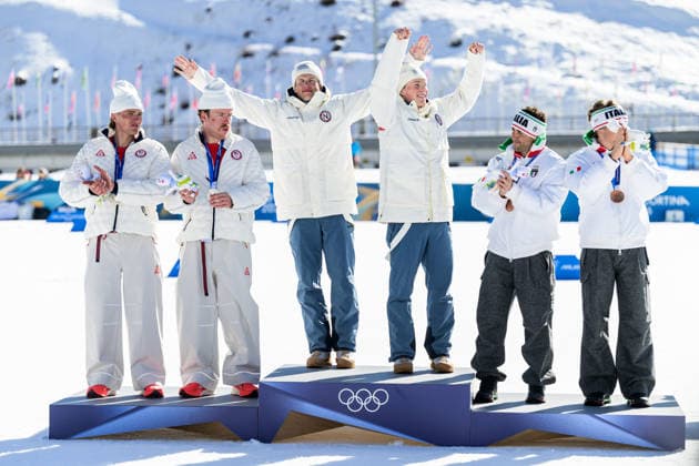 260218 Ben Ogden and Gus Schumacher of USA, Johannes Hosflot Klaebo and Einar Hedegart of Norway and Elia Barp and Federico Pellegrino of Italy celebrate after the men s free technique team sprint cross-country skiing final during day 12 of the 2026 Winter Olympics on February 18, 2026 in Val di Fiemme. Photo: Jon Olav Nesvold BILDBYRAN COP 217 MT0994 skidor cross-country skiing langrenn Olympic Games, Olympische Spiele, Olympia, OS olympics winter olympics os ol olympiska spel vinter-os olympiske leker milano cortina 2026 milan cortina 2026 milano cortina 2026 olympic games milano cortina 2026 winter olympic games milano cortina-os milano cortina-ol vinter-ol 12 bbeng teamsprint norge norway jubel *** 260218 Ben Ogden and Gus Schumacher of USA, Johannes Hosflot Klaebo and Einar Hedegart of Norway and Elia Barp and Federico Pellegrino of Italy celebrate after the men s free technique team sprint cross country skiing final during day 12 of the 2026 Winter Olympics on February 18, 2026 in Val di Fiemme Photo Jon Olav Nesvold BILDBYRAN COP 217 MT0994 skiing cross country skiing cross country olympic games olympics winter olympics os ol olympiska spel vinter os olympiske leker milano cortina 2026 milan cortina 2026 milano cortina 2026 olympic games milano cortina 2026 winter olympic games milano cortina os milano cortina ol vinter ol 12 bbeng teamsprint norge norway jubel  Copyright: JONxOLAVxNESVOLD BB260218JE099