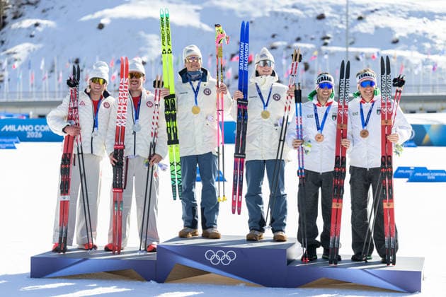 260218 Ben Ogden and Gus Schumacher of USA, Johannes Hosflot Klaebo and Einar Hedegart of Norway and Elia Barp and Federico Pellegrino of Italy celebrate after the men s free technique team sprint cross-country skiing final during day 12 of the 2026 Winter Olympics on February 18, 2026 in Val di Fiemme. Photo: Jon Olav Nesvold BILDBYRAN COP 217 MT0994 skidor cross-country skiing langrenn Olympic Games, Olympische Spiele, Olympia, OS olympics winter olympics os ol olympiska spel vinter-os olympiske leker milano cortina 2026 milan cortina 2026 milano cortina 2026 olympic games milano cortina 2026 winter olympic games milano cortina-os milano cortina-ol vinter-ol 12 bbeng teamsprint norge norway jubel *** 260218 Ben Ogden and Gus Schumacher of USA, Johannes Hosflot Klaebo and Einar Hedegart of Norway and Elia Barp and Federico Pellegrino of Italy celebrate after the men s free technique team sprint cross country skiing final during day 12 of the 2026 Winter Olympics on February 18, 2026 in Val di Fiemme Photo Jon Olav Nesvold BILDBYRAN COP 217 MT0994 skiing cross country skiing cross country olympic games olympics winter olympics os ol olympiska spel vinter os olympiske leker milano cortina 2026 milan cortina 2026 milano cortina 2026 olympic games milano cortina 2026 winter olympic games milano cortina os milano cortina ol vinter ol 12 bbeng teamsprint norge norway jubel  Copyright: JONxOLAVxNESVOLD BB260218JE100