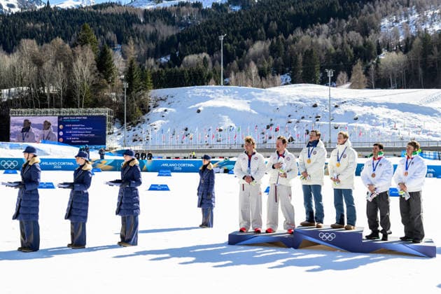 260218 Ben Ogden and Gus Schumacher of USA, Einar Hedegart and Johannes Hosflot Klaebo of Norway and Elia Barp and Federico Pellegrino of Italy on the podium after the men s free technique team sprint cross-country skiing final during day 12 of the 2026 Winter Olympics on February 18, 2026 in Val di Fiemme. Photo: Jon Olav Nesvold BILDBYRAN COP 217 MT0994 skidor cross-country skiing langrenn Olympic Games, Olympische Spiele, Olympia, OS olympics winter olympics os ol olympiska spel vinter-os olympiske leker milano cortina 2026 milan cortina 2026 milano cortina 2026 olympic games milano cortina 2026 winter olympic games milano cortina-os milano cortina-ol vinter-ol 12 bbeng teamsprint norge norway *** 260218 Ben Ogden and Gus Schumacher of USA, Einar Hedegart and Johannes Hosflot Klaebo of Norway and Elia Barp and Federico Pellegrino of Italy on the podium after the men s free technique team sprint cross country skiing final during day 12 of the 2026 Winter Olympics on February 18, 2026 in Val di Fiemme Photo Jon Olav Nesvold BILDBYRAN COP 217 MT0994 skidor cross country skiing langrenn olympic games olympics winter olympics os ol olympiska spel vinter os olympiske leker milano cortina 2026 milan cortina 2026 milano cortina 2026 olympic games milano cortina 2026 winter olympic games milano cortina os milano cortina ol vinter ol 12 bbeng teamsprint norge norway  Copyright: JONxOLAVxNESVOLD BB260218JE107