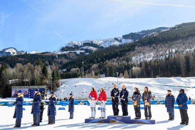 260218 Nadja Kälin and Nadine Faehndrich of Switzerland, Jonna Sundling and Maja Dahlqvist of Sweden and Laura Gimmler and Coletta Rydzek of Germany celebrate on the podium after the women s free technique team sprint cross-country skiing final during day 12 of the 2026 Winter Olympics on February 18, 2026 in Val di Fiemme. Photo: Jon Olav Nesvold BILDBYRAN COP 217 MT0993 skidor cross-country skiing langrenn Olympic Games, Olympische Spiele, Olympia, OS olympics winter olympics os ol olympiska spel vinter-os olympiske leker milano cortina 2026 milan cortina 2026 milano cortina 2026 olympic games milano cortina 2026 winter olympic games milano cortina-os milano cortina-ol vinter-ol 12 bbeng teamsprint jubel sweden sverige *** 260218 Nadja Kälin and Nadine Faehndrich of Switzerland, Jonna Sundling and Maja Dahlqvist of Sweden and Laura Gimmler and Coletta Rydzek of Germany celebrate on the podium after the women s free technique team sprint cross country skiing final during day 12 of the 2026 Winter Olympics on February 18, 2026 in Val di Fiemme Photo Jon Olav Nesvold BILDBYRAN COP 217 MT0993 skidor cross country skiing langrenn olympic games olympics winter olympics os ol olympiska spel vinter os olympiske leker milano cortina 2026 milan cortina 2026 milano cortina 2026 olympic games milano cortina 2026 winter olympic games milano cortina os milano cortina ol vinter ol 12 bbeng teamsprint jubel sweden sverige  Copyright: JONxOLAVxNESVOLD BB260218JE108