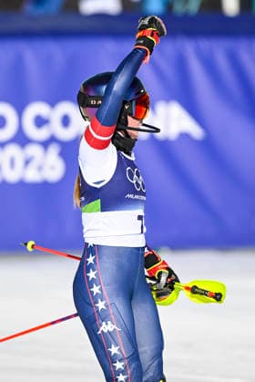 OLYMPICS - Winter Olympic Games, Olympische Spiele, Olympia, OS Milano Cortina 2026 CORTINA D AMPEZZO,ITALY,18.FEB.26 - OLYMPICS, ALPINE SKIING - Winter Olympic Games Milano Cortina 2026, slalom, women. Image shows the rejoicing of Mikaela Shiffrin (USA).  GEPAxpictures xAlexanderxSolc