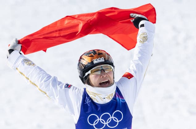 OLYMPICS - Winter Olympic Games, Olympische Spiele, Olympia, OS Milano Cortina 2026 LIVIGNO,ITALY,18.FEB.26 - OLYMPICS, FREE SKI, FREESTYLE SKIING - Winter Olympic Games Milano Cortina 2026, aerials, women, final. Image shows the rejoicing of Mengtao Xu (CHN).  GEPAxpictures xHaraldxSteiner