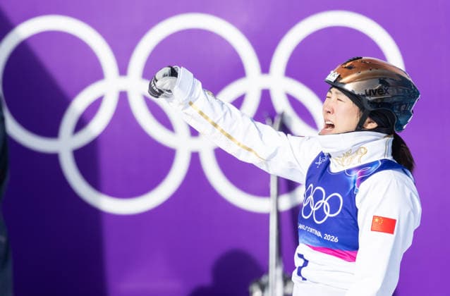 OLYMPICS - Winter Olympic Games, Olympische Spiele, Olympia, OS Milano Cortina 2026 LIVIGNO,ITALY,18.FEB.26 - OLYMPICS, FREE SKI, FREESTYLE SKIING - Winter Olympic Games Milano Cortina 2026, aerials, women, final. Image shows the rejoicing of Mengtao Xu (CHN).  GEPAxpictures xHaraldxSteiner