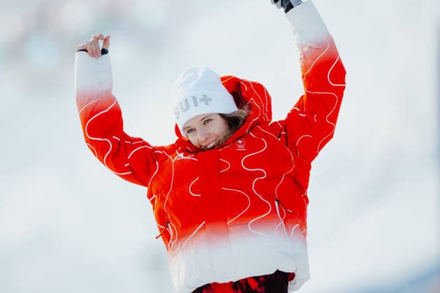 OLYMPICS - Winter Olympic Games, Olympische Spiele, Olympia, OS Milano Cortina 2026 CORTINA D AMPEZZO,ITALY,18.FEB.26 - OLYMPICS, ALPINE SKIING - Winter Olympic Games Milano Cortina 2026, slalom, women, medal ceremony. Image shows the rejoicing of Camille Rast (SUI). Keywords: medal  GEPAxpictures xAlexanderxSolc