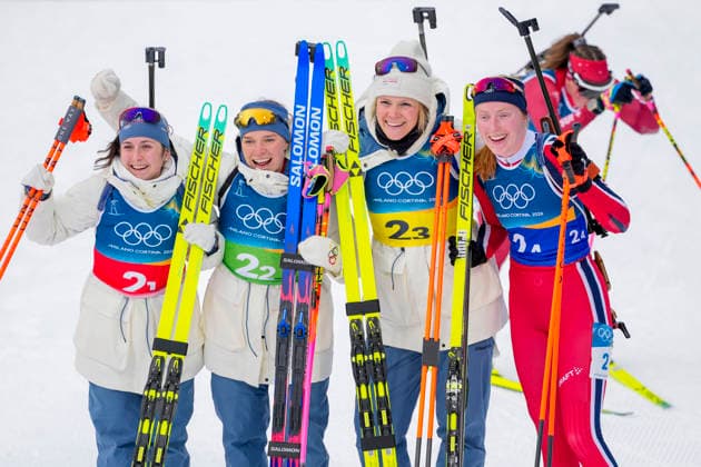 Winter Olympics in Milan Cortina 2026 Anterselva, Italy 20260218. Marthe Kraakstad Johansen, Juni Arnekleiv, Karoline Knotten and Maren Hjelmeset Kirkeeide from Norway during the 4 x 6 km relay for women in biathlon at the Winter Olympics in Milan Cortina 2026. Photo: Heiko Junge NTB Anterselva Italy EDITORIAL USE ONLY. RESTRICTED USE FOR BETTING COMPANIES Ref:_SPOTaUNbg6t7ps.jpg *** Winter Olympics in Milan Cortina 2026 Anterselva, Italy 20260218 Marthe Kraakstad Johansen, Juni Arnekleiv, Karoline Knotten and Maren Hjelmeset Kirkeeide from Norway during the 4 x 6 km relay for women in biathlon at the Winter Olympics in Milan Cortina 2026 Photo Heiko Junge NTB Anterselva Italy EDITORIAL USE ONLY RESTRICTED USE FOR BETTING COMPANIES  Copyright: xHeikoxJungex xNTBx