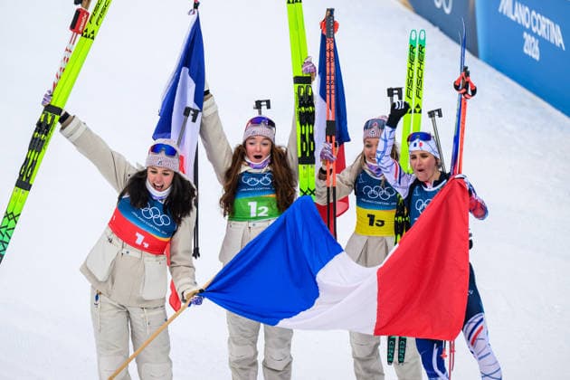 260218 Camille Bened of France, Lou Jeanmonnot of France, Oceane Michelon of France and Julia Simon of France celebrates after winning the women s biathlon 4 x 6 km relay during day 12 of the 2026 Winter Olympics on February 18, 2026 in Anterselva. Photo: Mathias Bergeld BILDBYRAN kod MB MB1336 skidskytte biathlon skiskyting Olympic Games, Olympische Spiele, Olympia, OS olympics winter olympics os ol olympiska spel vinter-os olympiske leker milano cortina 2026 milan cortina 2026 milano cortina 2026 olympic games milano cortina 2026 winter olympic games milano cortina-os milano cortina-ol vinter-ol 12 bbeng relay stafett jubel frankrike *** 260218 Camille Bened of France, Lou Jeanmonnot of France, Oceane Michelon of France and Julia Simon of France celebrates after winning the women s biathlon 4 x 6 km relay during day 12 of the 2026 Winter Olympics on February 18, 2026 in Anterselva Photo Mathias Bergeld BILDBYRAN code MB MB1336 biathlon biathlon biathlon olympic games olympics olympics winter olympics os ol olympic games winter os olympic games milano cortina 2026 milan cortina 2026 milano cortina 2026 olympic games milano cortina 2026 winter olympic games milano cortina os milano cortina ol winter ol 12 bbeng relay relay cheer france  Copyright: MATHIASxBERGELD BB260218MB083
