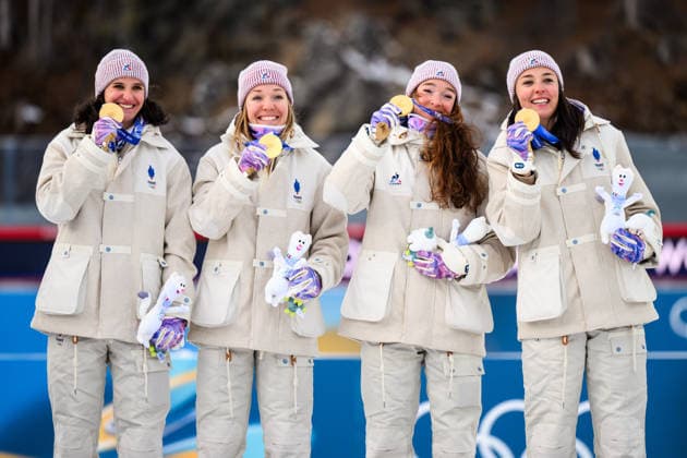 260218 Julia Simon of France, Oceane Michelon of France, Lou Jeanmonnot of France and Camille Bened of France celebrate with their gold medals on the pdoium after the women s biathlon 4 x 6 km relay during day 12 of the 2026 Winter Olympics on February 18, 2026 in Anterselva. Photo: Mathias Bergeld BILDBYRAN kod MB MB1336 skidskytte biathlon skiskyting Olympic Games, Olympische Spiele, Olympia, OS olympics winter olympics os ol olympiska spel vinter-os olympiske leker milano cortina 2026 milan cortina 2026 milano cortina 2026 olympic games milano cortina 2026 winter olympic games milano cortina-os milano cortina-ol vinter-ol 12 bbeng relay stafett jubel frankrike *** 260218 Julia Simon of France, Oceane Michelon of France, Lou Jeanmonnot of France and Camille Bened of France celebrate with their gold medals on the podium after the women s biathlon 4 x 6 km relay during day 12 of the 2026 Winter Olympics on February 18, 2026 in Anterselva Photo Mathias Bergeld BILDBYRAN code MB MB1336 biathlon biathlon olympic games olympics olympics winter olympics os ol olympic games winter os olympic games milano cortina 2026 milan cortina 2026 milano cortina 2026 olympic games milano cortina 2026 winter olympic games milano cortina os milano cortina ol winter ol 12 bbeng relay relay cheer france  Copyright: MATHIASxBERGELD BB260218MB094