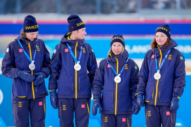 Winter Olympics in Milan Cortina 2026 Anterselva, Italy 20260218. Linn Gestblom, Anna Magnusson, Elvira Öberg and Hanna Öberg from Sweden on the podium after the 4 x 6 km relay for women in biathlon during the Winter Olympics in Milano Cortina 2026. Photo: Heiko Junge NTB Anterselva Italy EDITORIAL USE ONLY. RESTRICTED USE FOR BETTING COMPANIES Ref:_SPO3RTJQYr0PsU.jpg *** Winter Olympics in Milan Cortina 2026 Anterselva, Italy 20260218 Linn Gestblom, Anna Magnusson, Elvira Öberg and Hanna Öberg from Sweden on the podium after the 4 x 6 km relay for women in biathlon during the Winter Olympics in Milano Cortina 2026 Photo Heiko Junge NTB Anterselva Italy EDITORIAL USE ONLY RESTRICTED USE FOR BETTING COMPANIES  Copyright: xHeikoxJungex xNTBx