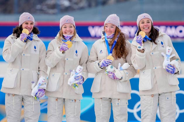 Winter Olympics in Milan Cortina 2026 Anterselva, Italy 20260218. Gold medalists Camille Bened, Lou Jeanmonnot, Oceane Michelon and Julia Simon from France on the podium after the women s 4 x 6 km relay in biathlon during the Winter Olympics in Milano Cortina 2026. Photo: Heiko Junge NTB Anterselva Italy EDITORIAL USE ONLY. RESTRICTED USE FOR BETTING COMPANIES Ref:_SPOy2UWLUTRtmI.jpg *** Winter Olympics in Milan Cortina 2026 Anterselva, Italy 20260218 Gold medalists Camille Bened, Lou Jeanmonnot, Oceane Michelon and Julia Simon from France on the podium after the women s 4 x 6 km relay in biathlon during the Winter Olympics in Milano Cortina 2026 Photo Heiko Junge NTB Anterselva Italy EDITORIAL USE ONLY RESTRICTED USE FOR BETTING COMPANIES  Copyright: xHeikoxJungex xNTBx