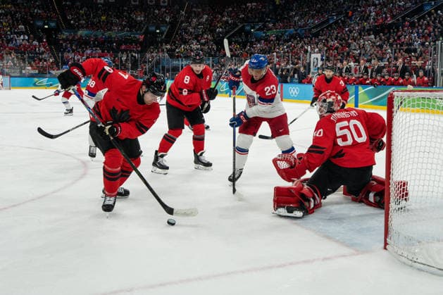Ice hockey, Eishockey - Milano Cortina 2026 Winter Olympics: Day 12 Devon Toews, Cale Makar, Lukas Sedlak, Jordan Binnington during Milano Cortina 2026 Winter Olympics Ice Hockey Men?s Canada vs Czech Republic match at Milano Santagiulia Ice Hockey Arena in Milan on February 18, 2026 Milan Italy  Copyright: xFotoxOlimpikx originalFilename:jastrzebowski-icehocke260218_npfzI.jpg