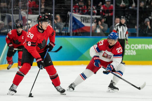 Ice hockey, Eishockey - Milano Cortina 2026 Winter Olympics: Day 12 Nathan MacKinnon, Lukas Sedlak during Milano Cortina 2026 Winter Olympics Ice Hockey Men?s Canada vs Czech Republic match at Milano Santagiulia Ice Hockey Arena in Milan on February 18, 2026 Milan Italy  Copyright: xFotoxOlimpikx originalFilename:jastrzebowski-icehocke260218_npHX9.jpg