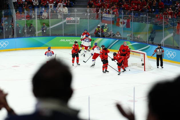 February 18, 2026, Milan, Lombardy, Italy: LUKAS SEDLAK 23 of Czechia scores his side s first goal assisted by ROMAN CERVENKA 10 in the Quarterfinal game between Team Canada (CAN) and Team Czechia (CZE) at the Milano Cortina 2026 Olympic Games, Olympische Spiele, Olympia, OS Milan Italy - ZUMAc179 20260218_oly_c179_018 Copyright: xMickaelxChavetx