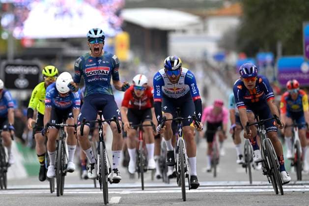 Volta Algarve 2026 Stage 1 TAVIRA, PORTUGAL - FEBRUARY 18 : Magnier Paul (FRA) of Soudal Quick-Step wins the sprint, second place for Meeus Jordi (BEL) of Red Bull - BORA - Hansgrohe , third place for Bittner Pavel (CZE) of Team Picnic PostNL during stage 1 of the 52th edition of Volta Algarve an UCI ProSeries 2.Pro cycling road race stage for Men Elite of 183.5 km with start in Vila Real de Santo Antonio and finish in Tavira on February 18, 2026 in Tavira, Portugal, 18 02 2026 ( Motordriver Guy De Vuyst - Tavira Portugal  Copyright: xNicoxVereeckenx