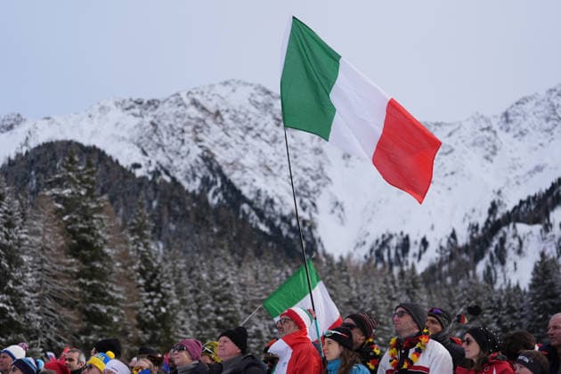 Italy™s flag during Biathlon Women s 4 x 6km Relay at Antholz-Anterselva Biathlon Arena at the Milano Cortina 2026 Winter Olympics, in Anterselva (Italy) February 18 , 2026 (Spada LaPresse)  Copyright: xSpada LaPressex
