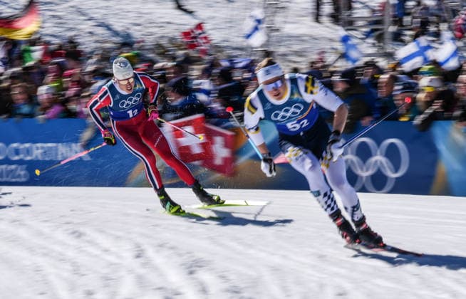 (260218) -- TESERO, Feb. 18, 2026 -- Johannes Hoesflot Klaebo (L) of Norway competes during the cross-country skiing men s team sprint free final at the Milan-Cortina 2026 Olympic Winter games, Winterspiele,Spiele, Summer games in Tesero, Italy, Feb. 18, 2026. ) (MICO2026)ITALY-TESERO-OLYMPIC WINTER GAMES-CROSS-COUNTRY SKIING-MEN S TEAM SPRINT FREE PengxZiyang 