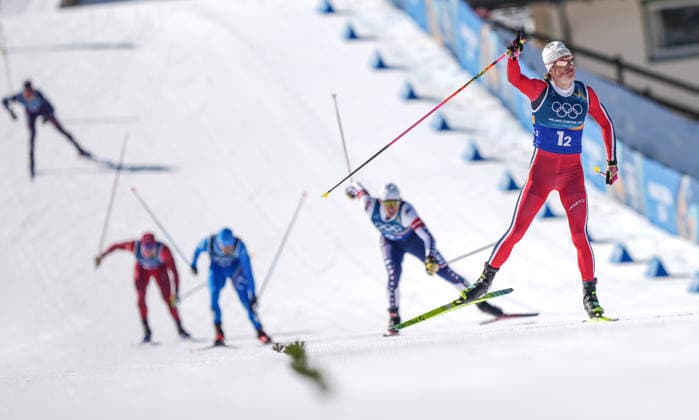(260218) -- TESERO, Feb. 18, 2026 -- Johannes Hoesflot Klaebo (1st R) of Norway crosses the finish line during the cross-country skiing men s team sprint free final at the Milan-Cortina 2026 Olympic Winter games, Winterspiele,Spiele, Summer games in Tesero, Italy, Feb. 18, 2026. ) (MICO2026)ITALY-TESERO-OLYMPIC WINTER GAMES-CROSS-COUNTRY SKIING-MEN S TEAM SPRINT FREE PengxZiyang 