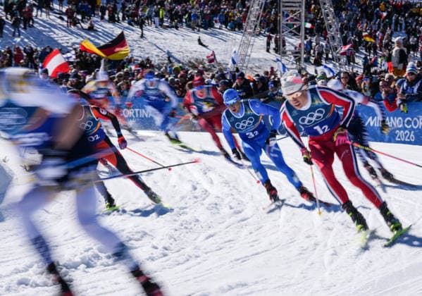 (260218) -- TESERO, Feb. 18, 2026 -- Athletes compete during the cross-country skiing men s team sprint free final at the Milan-Cortina 2026 Olympic Winter games, Winterspiele,Spiele, Summer games in Tesero, Italy, Feb. 18, 2026. ) (MICO2026)ITALY-TESERO-OLYMPIC WINTER GAMES-CROSS-COUNTRY SKIING-MEN S TEAM SPRINT FREE PengxZiyang 