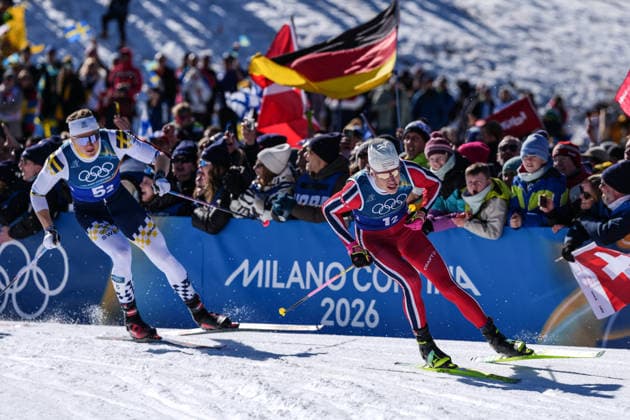 (260218) -- TESERO, Feb. 18, 2026 -- Johannes Hoesflot Klaebo (R) of Norway competes during the cross-country skiing men s team sprint free final at the Milan-Cortina 2026 Olympic Winter games, Winterspiele,Spiele, Summer games in Tesero, Italy, Feb. 18, 2026. ) (MICO2026)ITALY-TESERO-OLYMPIC WINTER GAMES-CROSS-COUNTRY SKIING-MEN S TEAM SPRINT FREE PengxZiyang 