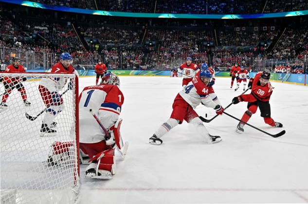 February 18, 2026, Milan, Lombardy, Italy: February 18, 2026: Team Canada s takes a shot against Team Czechia in the second period of their quarter finals game at the Milano Cortina 2026 Winter Olympics. Olympics 2026: Milano Cortina: - February 18, 2026  - ZUMAh234 20260218_oly_h234_001 Copyright: xMarkxEdwardxHarrisx