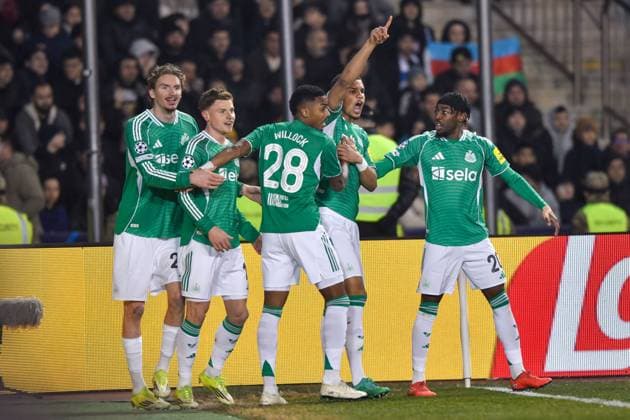 Malick Thiaw of Newcastle United Football Club celebrates his goal with his teammates Qarabag v Newcastle United, UEFA Champions League, Knockout Round Play-Offs, First Leg, Football, Tofig Bahramov Republican Stadium, Baku, Azerbaijan - 18 Feb 2026Baku Tofig Bahramov Republican Stadiu Azerbaijan EDITORIAL USE ONLY No use with unauthorised audio, video, data, fixture lists, club league logos or live services. Online in-match use limited to 120 images, no video emulation. No use in betting, games or single club league player publications. Copyright: xElmirxKarimov Shutterstockx 16660416r