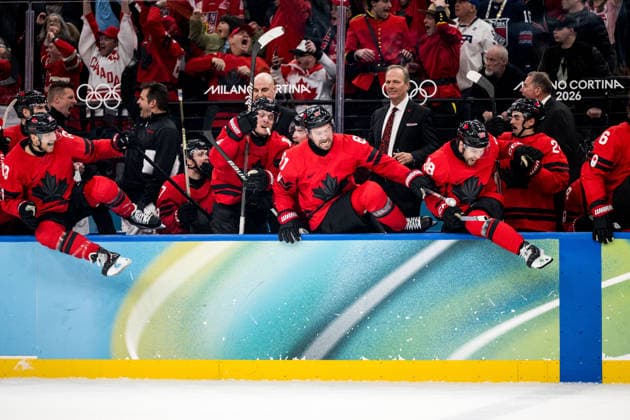 260218 Players of Canada celebrate after the men s Ice hockey, Eishockey quarterfinal between Canada and Czech Republic during day 12 of the 2026 Winter Olympics on February 18, 2026 in Milan. Photo: Carl Sandin BILDBYRAN kod CS CS0886 ishockey ice hockey Olympic Games, Olympische Spiele, Olympia, OS olympics winter olympics os ol olympiska spel vinter-os olympiske leker milano cortina 2026 milan cortina 2026 milano cortina 2026 olympic games milano cortina 2026 winter olympic games milano cortina-os milano cortina-ol vinter-ol 12 bbeng czech republic tjeckien kanada canada jubel *** 260218 Players of Canada celebrate after the men s ice hockey quarterfinal between Canada and Czech Republic during day 12 of the 2026 Winter Olympics on February 18, 2026 in Milan Photo Carl Sandin BILDBYRAN code CS CS0886 ice hockey ice hockey olympic games olympics winter olympics os ol olympic games winter os olympic games milano cortina 2026 milan cortina 2026 milano cortina 2026 olympic games milano cortina 2026 winter olympic games milano cortina os milano cortina ol winter ol 12 bbeng czech republic czech republic canada canada jubilation  Copyright: CARLxSANDIN BB260218CS007