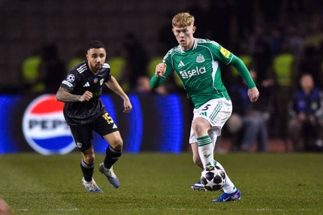 Lewis Hall of Newcastle United Football Club passes the ball Qarabag v Newcastle United, UEFA Champions League, Knockout Round Play-Offs, First Leg, Football, Tofig Bahramov Republican Stadium, Baku, Azerbaijan - 18 Feb 2026Baku Tofig Bahramov Republican Stadiu Azerbaijan EDITORIAL USE ONLY No use with unauthorised audio, video, data, fixture lists, club league logos or live services. Online in-match use limited to 120 images, no video emulation. No use in betting, games or single club league player publications. Copyright: xElmirxKarimov Shutterstockx 16660416w