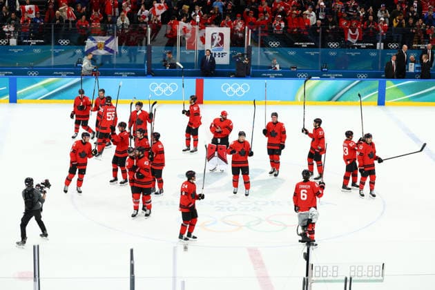 February 18, 2026, Milan, Lombardy, Italy: TEAM CANADA PLAYERS celebrate winning 4:3 on overtime their Quarterfinal game against Team Czechia at the Milano Cortina 2026 Olympic Games, Olympische Spiele, Olympia, OS Canada won 4:3. Milan Italy - ZUMAc179 20260218_oly_c179_074 Copyright: xMickaelxChavetx