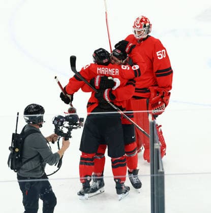 February 18, 2026, Milan, Lombardy, Italy: MITCH MARNER 93 of Canada celebrates scoring the winning goal during the overtime of the Quarterfinal game between Team Canada (CAN) and Team Czechia (CZE) at the Milano Cortina 2026 Olympic Games, Olympische Spiele, Olympia, OS Canada won 4:3. Olympics 2026: Milano Cortina: Ice hockey, Eishockey Men: CAN:CZE  - ZUMAc179 20260218_oly_c179_077 Copyright: xMickaelxChavetx