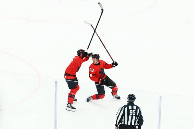 February 18, 2026, Milan, Lombardy, Italy: MITCH MARNER 93 of Canada celebrates scoring the winning goal during the overtime of the Quarterfinal game between Team Canada (CAN) and Team Czechia (CZE) at the Milano Cortina 2026 Olympic Games, Olympische Spiele, Olympia, OS Canada won 4:3. Milan Italy - ZUMAc179 20260218_oly_c179_090 Copyright: xMickaelxChavetx