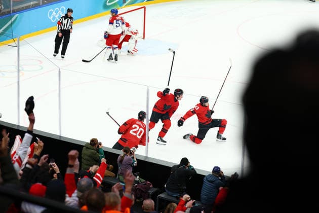 February 18, 2026, Milan, Lombardy, Italy: MITCH MARNER 93 of Canada celebrates scoring the winning goal during the overtime of the Quarterfinal game between Team Canada (CAN) and Team Czechia (CZE) at the Milano Cortina 2026 Olympic Games, Olympische Spiele, Olympia, OS Canada won 4:3. Milan Italy - ZUMAc179 20260218_oly_c179_092 Copyright: xMickaelxChavetx