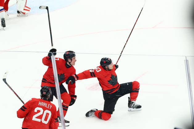 February 18, 2026, Milan, Lombardy, Italy: MITCH MARNER 93 of Canada celebrates scoring the winning goal during the overtime of the Quarterfinal game between Team Canada (CAN) and Team Czechia (CZE) at the Milano Cortina 2026 Olympic Games, Olympische Spiele, Olympia, OS Canada won 4:3. Olympics 2026: Milano Cortina: Ice hockey, Eishockey Men: CAN:CZE  - ZUMAc179 20260218_oly_c179_094 Copyright: xMickaelxChavetx