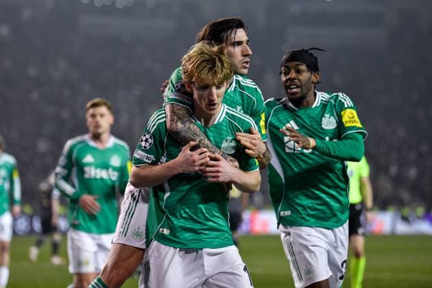 Anthony Gordon of Newcastle United Football Club celebrates his goal with Sandro Tonali of Newcastle United Football Club and Anthony Elanga of Newcastle United Football Club Qarabag v Newcastle United, UEFA Champions League, Knockout Round Play-Offs, First Leg, Football, Tofig Bahramov Republican Stadium, Baku, Azerbaijan - 18 Feb 2026Baku Tofig Bahramov Republican Stadiu Azerbaijan EDITORIAL USE ONLY No use with unauthorised audio, video, data, fixture lists, club league logos or live services. Online in-match use limited to 120 images, no video emulation. No use in betting, games or single club league player publications. Copyright: xElmirxKarimov Shutterstockx 16660416aq