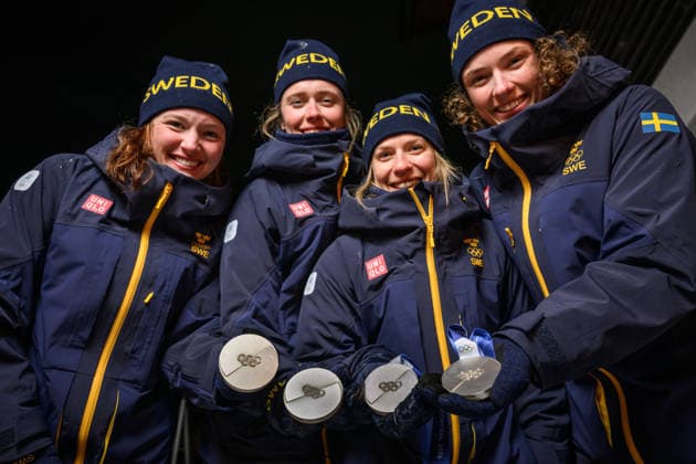260218 Linn Gestblom, Elvira Öberg, Anna Magnusson and Hanna Öberg of the Swedish national biathlon team with their silver medals at a medal celebration for women s relay during day 12 of the 2026 Winter Olympics on February 18, 2026 in Anterselva. Photo: Mathias Bergeld BILDBYRAN kod MB MB1337 skidskytte biathlon skiskyting Olympic Games, Olympische Spiele, Olympia, OS olympics winter olympics os ol olympiska spel vinter-os olympiske leker milano cortina 2026 milan cortina 2026 milano cortina 2026 olympic games milano cortina 2026 winter olympic games milano cortina-os milano cortina-ol vinter-ol 12 bbeng sweden sverige medaljfirande celebration dam women kvinner jubel os-silver silvermedalj silver *** 260218 Linn Gestblom, Elvira Öberg, Anna Magnusson and Hanna Öberg of the Swedish national biathlon team with their silver medals at a medal celebration for women s relay during day 12 of the 2026 Winter Olympics on February 18, 2026 in Anterselva Photo Mathias Bergeld BILDBYRAN code MB MB1337 biathlon biathlon olympic games olympics olympics winter olympics os ol olympiska spel vinter os olympiske leker milano cortina 2026 milan cortina 2026 milano cortina 2026 olympic games milano cortina 2026 winter olympic games milano cortina os milano cortina ol vinter ol 12 bbeng sweden sverige medaljfirande celebration dam women kvinner jubel os silver silvermedalj silver  Copyright: MATHIASxBERGELD BB260218MB132
